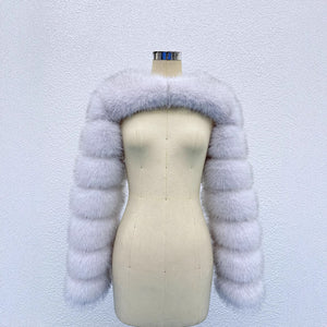faux fur bolero fluffy long sleeves shrug for women in dusty white Alicefurs