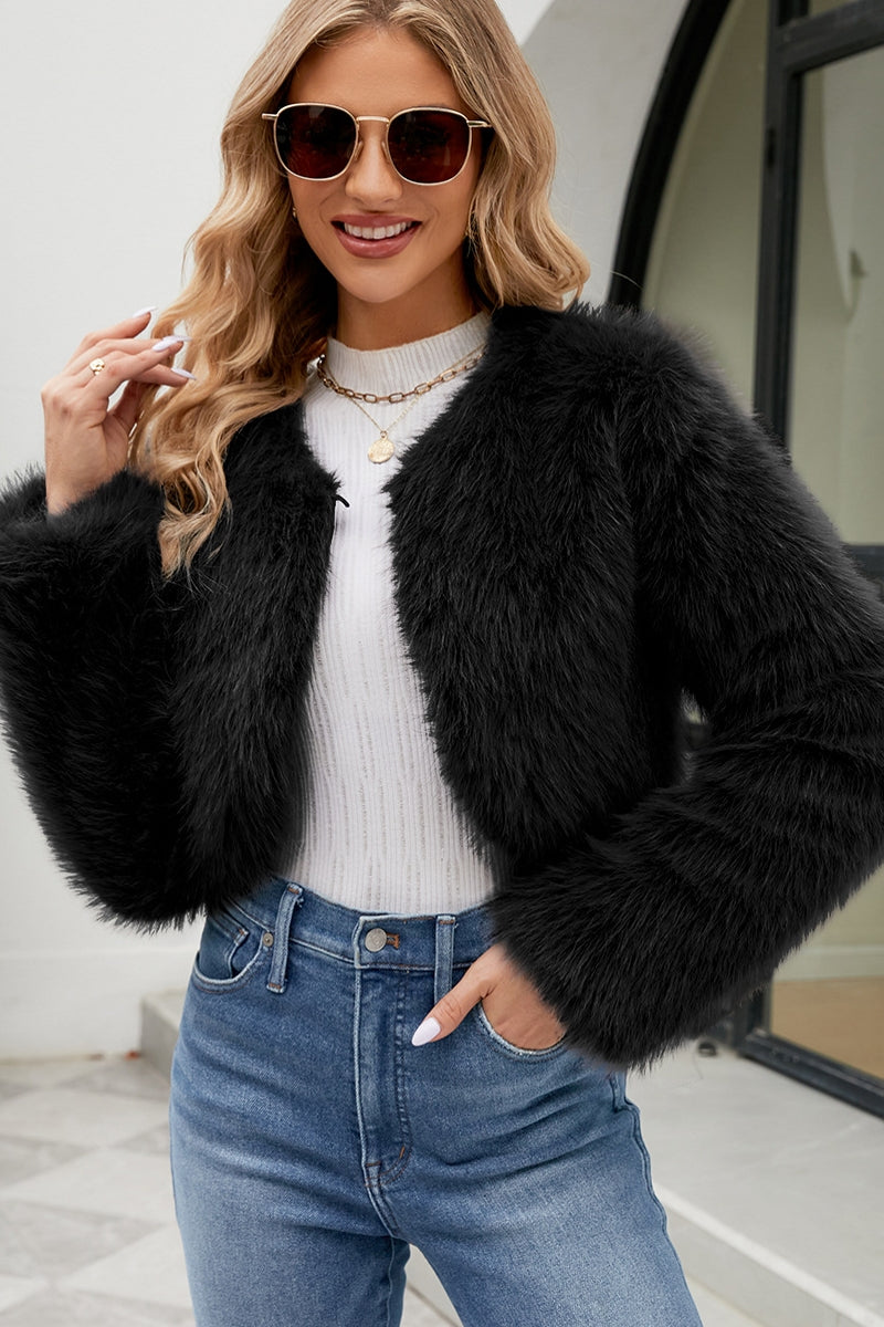 faux fur bolero winter long sleeves cropped fluffy jacket in black 1 Alicefurs