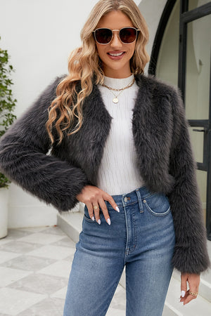 faux fur bolero winter long sleeves cropped fluffy jacket in dark grey 2 Alicefurs