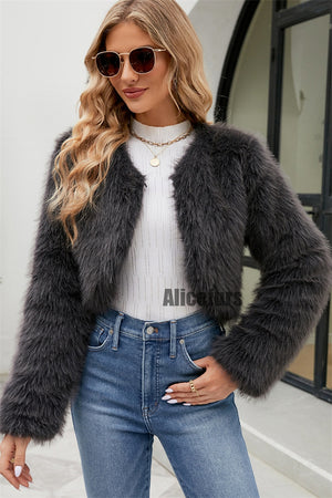 faux fur bolero winter long sleeves cropped fluffy jacket in dark grey 3 Alicefurs