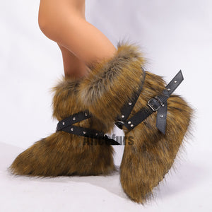 faux fur boots with cross straps winter fluffy ankle boots for women in wild brown Alicefurs