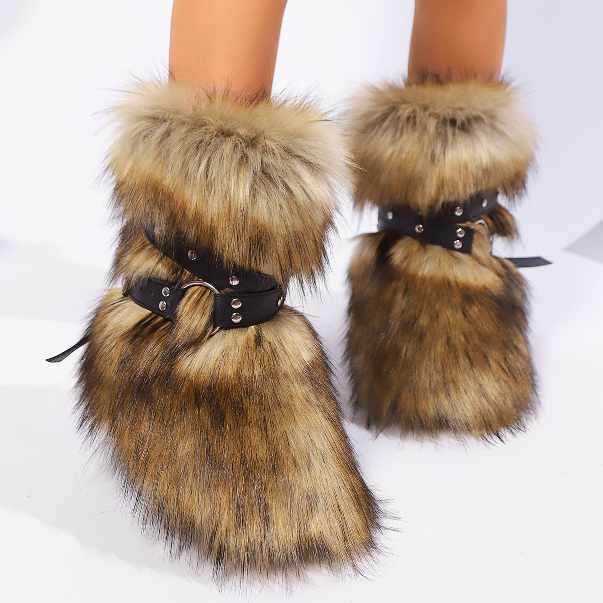 Faux Fur Boots with Cross Straps Winter Fluffy Mid-Calf Boots for Women