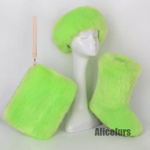 faux fur boots with matching headband and wristlet bag for women in neon green Alicefurs