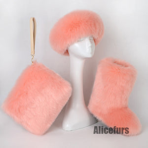 faux fur boots with matching headband and wristlet bag for women in pink Alicefurs