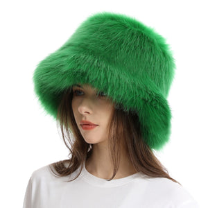 faux fur bucket hat for women in green 1 Alicefurs