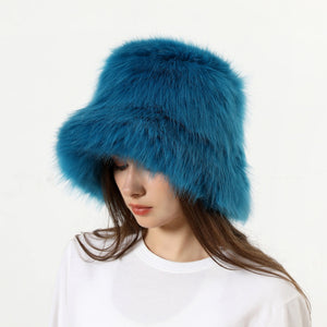 faux fur bucket hat for women in turquoise 2 Alicefurs