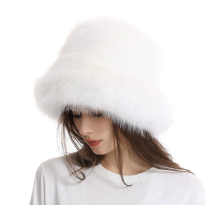 faux fur bucket hat for women in white 2 Alicefurs