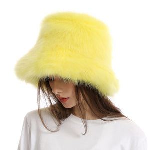 faux fur bucket hat for women in yellow 2 Alicefurs