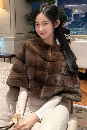 faux fur cape short brown vintage layered wrap for women Alicefurs