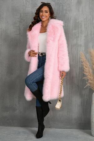 faux fur coat long womens winter furry overcoat with notch collar in pink 1 Alicefurs