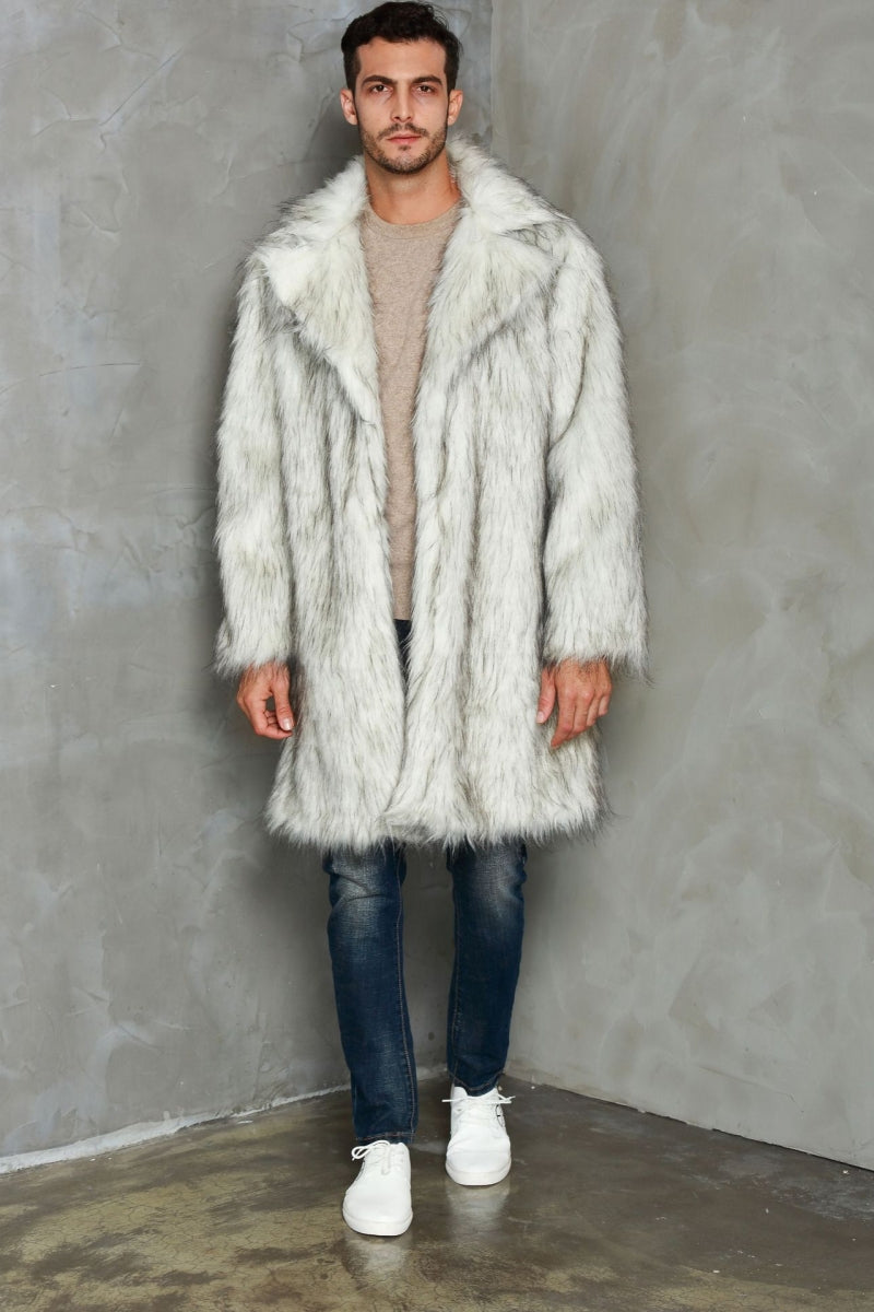 faux fur coat winter long fluffy overcoat for men in white 1 Alicefurs