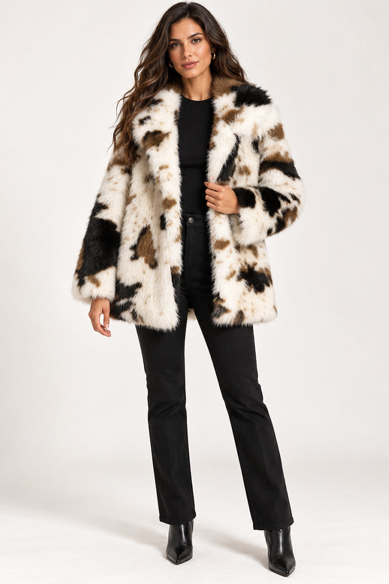 Faux Fur Cow Print Jacket Short Plush Coat for Women