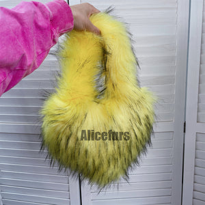 faux fur heart handbag small furry tote purse for women in yellow Alicefurs