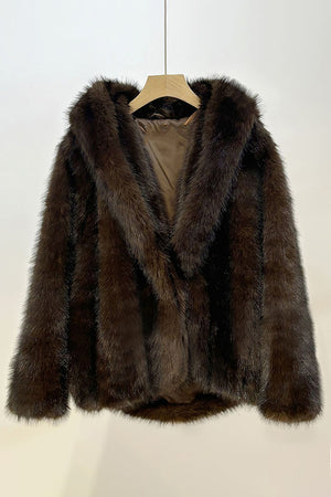 faux fur hooded jacket oversized short fluffy coat for women in dark brown Alicefurs