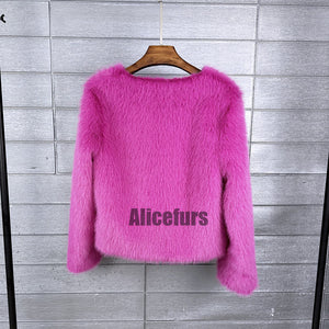 faux fur jacket casual short fuzzy overcoat for women in fuchsia 2 Alicefurs