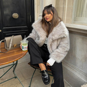 faux fur jacket with shawl collar winter short outwear for women in light beige 4 Alicefurs