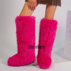 faux fur knee high boots for women in fuchsia 1 Alicefurs
