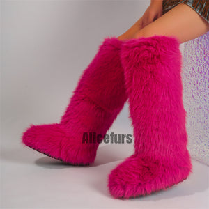 faux fur knee high boots for women in fuchsia 2 Alicefurs