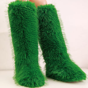 faux fur knee high boots for women in green 1 Alicefurs