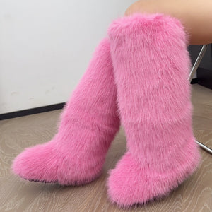 faux fur knee high boots for women in hot pink Alicefurs