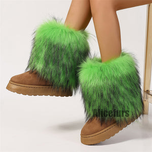 faux fur leg warmer boots in mid calf lime green 3 Alicefurs
