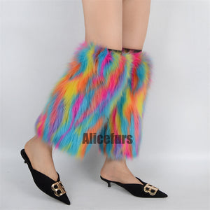 faux fur leg warmers fuzzy boots cover for women in blue and orange Alicefurs