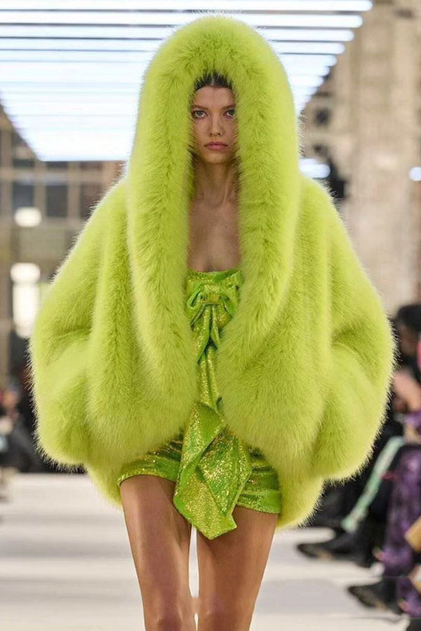 faux fur oversized jacket hooded short fluffy coat for women in lime green Alicefurs