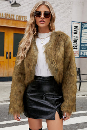 faux fur shrug long sleeves cropped furry jacket for women in brown 2 Alicefurs