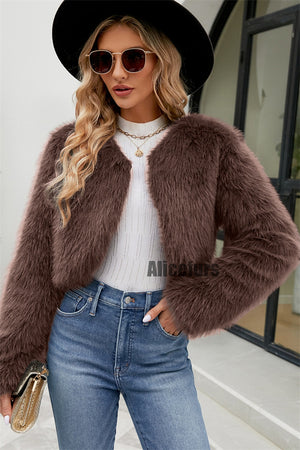 faux fur shrug long sleeves cropped furry jacket for women in coffee 1 Alicefurs