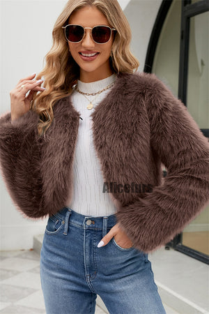 faux fur shrug long sleeves cropped furry jacket for women in coffee 2 Alicefurs