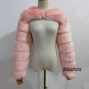 faux fur sleeves open front fluffy bolero for women in pink Alicefurs