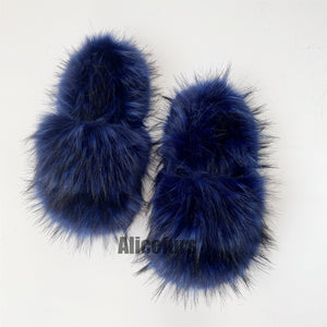 faux fur slides fluffy flat sandals for women in navy blue Alicefurs