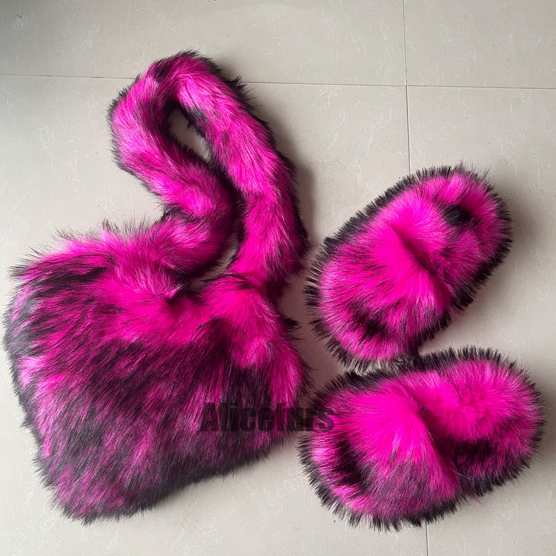 faux fur slides with matching heart shaped crossbody bag for women in hot pink Alicefurs