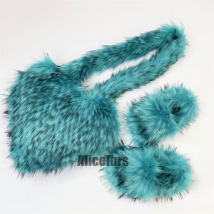 faux fur slides with matching heart shaped crossbody bag for women in turquoise Alicefurs
