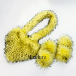 faux fur slides with matching heart shaped crossbody bag for women in yellow Alicefurs