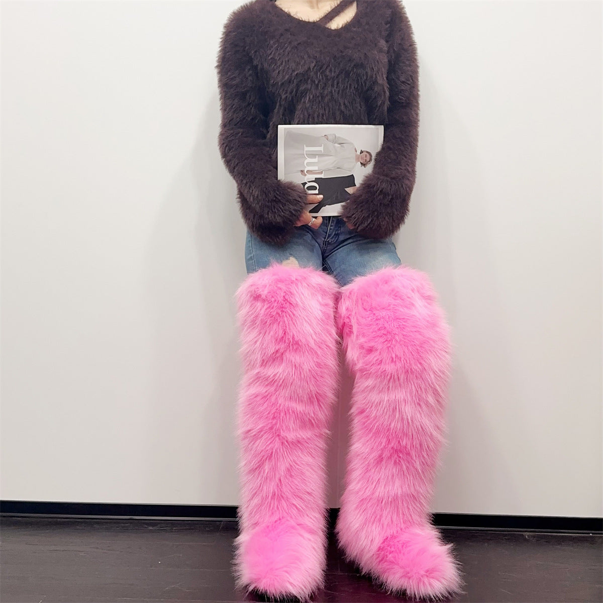 faux fur thigh high boots for women in pink 4 Alicefurs