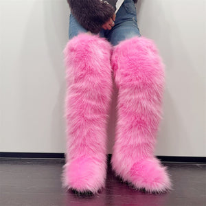faux fur thigh high boots for women in pink Alicefurs