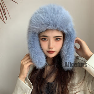 faux fur trapper hat winter fluffy cap for women in ocean blue Alicefurs