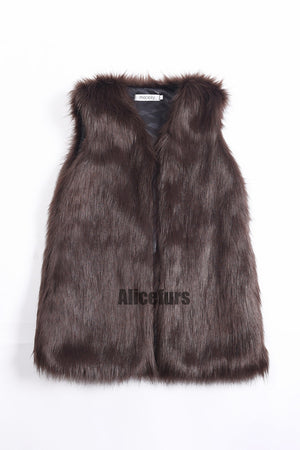 faux fur vest long fluffy v neck waistcoat for women in coffee Alicefurs