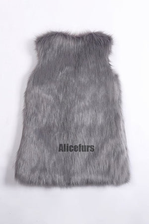 faux fur vest long fluffy v neck waistcoat for women in gray 1 Alicefurs