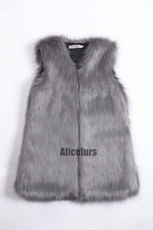 faux fur vest long fluffy v neck waistcoat for women in gray Alicefurs
