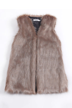 faux fur vest long fluffy v neck waistcoat for women in khaki Alicefurs