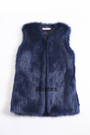 faux fur vest long fluffy v neck waistcoat for women in navy blue Alicefurs