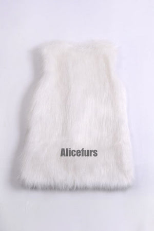 faux fur vest long fluffy v neck waistcoat for women in white 1 Alicefurs