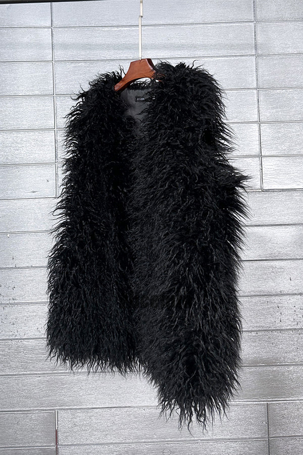 faux fur vest long mongolian fluffy sleeveless jacket for women in black 1 Alicefurs