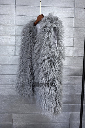 faux fur vest long mongolian fluffy sleeveless jacket for women in grey 1 Alicefurs
