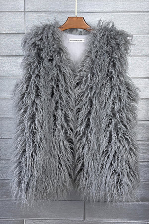 faux fur vest long mongolian fluffy sleeveless jacket for women in grey Alicefurs