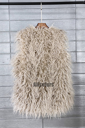 faux fur vest long mongolian fluffy sleeveless jacket for women in khaki 2 Alicefurs
