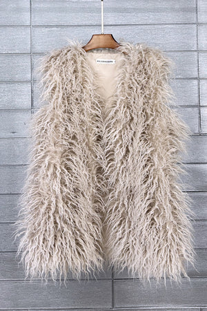 faux fur vest long mongolian fluffy sleeveless jacket for women in khaki Alicefurs