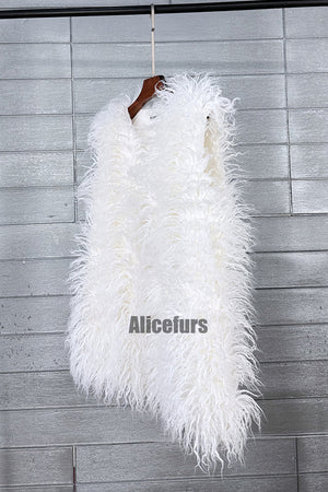 faux fur vest long mongolian fluffy sleeveless jacket for women in white 1 Alicefurs